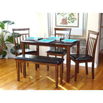 Dining Kitchen Set, Rectangular Table 3 Wooden Chairs 1 Stained Bench, Medium Brown