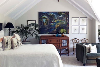 Large traditional master bedroom in Auckland with grey walls and carpet.