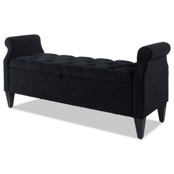 Upholstered Storage Bench, Scrolled Arms and Deep Tufted Seat, Black