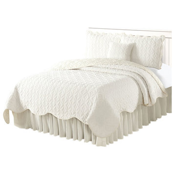 Diamond Square Quilted Coverlet 4-Piece Bedspread Set, Ivory, Queen