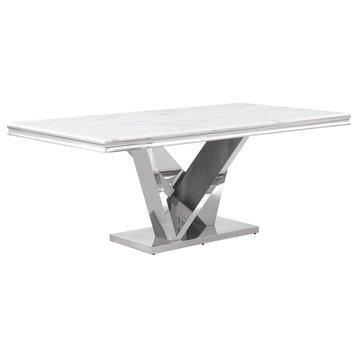Thiago White Rectangular Stone Dining Table, Silver