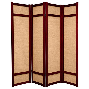 Traditional Room Divider, Wooden Frame With Jute Screens, Rosewood/4 Panels