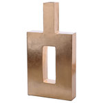 Harp and Finial - Pont Vase Tall Gold Leaf Finish on Resin - Sure to draw attention with its metallic gold leaf finish and unusual geometric shape, the tall Pont Vase is a stunning transitional vessel. This large gold vase is a versatile option for any space: foyers, hallways, bedrooms, dining rooms, living rooms, or family rooms. The sleek lines, right angles, and narrow mouth of this vertical rectangular vase create an overall appearance that captures attention whether you display it alone or with other decorations.