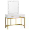 Vanity Table Set with Lighted Mirror with 9 Lights, Cushioned Stool and 2 Drawer