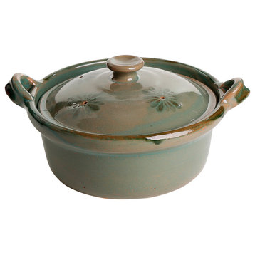 Ancient Cookware, Mexican Clay Lidded Cazuela Pot, Green, 8.5x10.5x5