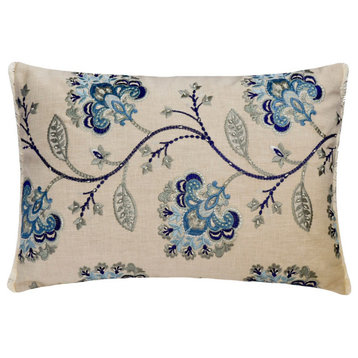 Blue Linen 12"x26" Lumbar Pillow Cover Embroidery & Pearls - Floryn