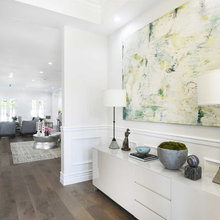 Transitional House. Love the colors, wainscoting, stools and pendant li