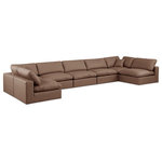 Meridian Furniture - Comfy Upholstered U-Shaped Modular Sectional, Brown, 7-Piece: 5 Armless Chair, 2 Corner Chair, Vegan Leather - Give your space a whole new look with this brown Comfy vegan leather sectional. This handsome sectional fits nicely with other items in the Comfy collection and is a versatile seating option designed for adaptability, comfort and style. Wrapped in rich brown durable vegan leathered upholstery, this sectional offers a plush embrace of overstuffed down feather cushions, carefully crafted to deliver the highest level of comfort. The perfect seat for creating an oasis for relaxation, this sectional has thick foam surrounding its frame for added support and coziness.