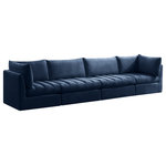 Meridian Furniture - Jacob Velvet Upholstered 4-Piece Modular Sofa, Navy - Create the ideal seating arrangement for your space when you pick and choose the elements you like mostincluding this Jacob velvet modular sofa. Mix and match items in the Jacob collection to bring your living space or family room together with a personalized slant. Soft navy velvet upholstery is soft and welcoming to the touch, adding a luxurious feel to everyday seating. Deep channel tufting adds to the piece's durability, and latches underneath the unit make it easy to attach to other pieces in the collection.