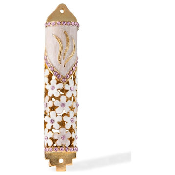 Hand Painted Mezuzah Embellished with a Floral Design, 4.25"