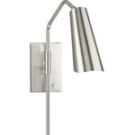 Progress Lighting - Cornett Collection 1-Light Contemporary Wall Sconce, Brushed Nickel - Cornett trumpets its arrival on the scene with a blending of timeless modern design. The swing arm sconce features dynamic angles finished in Brushed Nickel, offering a dramatic counterpoint to the softly sculpted curves of the matching metal reflector shade. Light is directed out and downwards from its unique, curved construction.