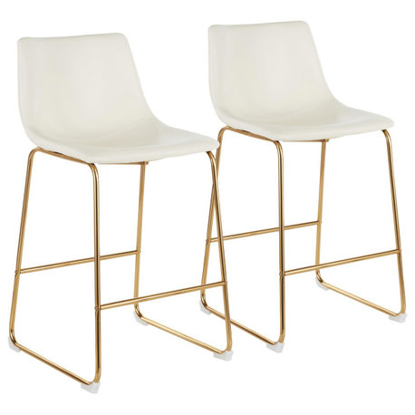 Duke Counter Stool, Set of 2, Gold Metal, White PU