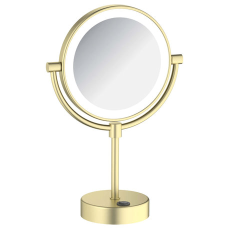 Circular LED Free Standing Magnifying Make Up Mirror, Brushed Gold