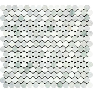 Thassos White Marble Polished Penny Round Mosaic Tile w/ Ming Green Dots