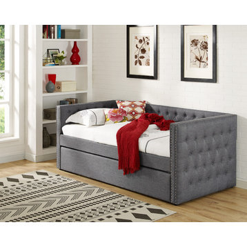 Twin Tufted Nailhead Daybed With Trundle, Velvet Gray