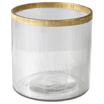 Clear Ribbed Glass Cylinder Vase with Gold Rim, in 2 Sizes , Small