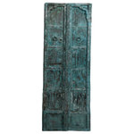 Mogul Interior - Consigned Rustic Antique Teak Wood Exterior Haveli Doors Old Indian Doors 84 - These Rustic Antique Teak Wood Exterior Haveli Doors are a stunning example of traditional Indian craftsmanship. Handcrafted from solid, heavy teak wood, these doors were once part of grand havelis&mdash;historic mansions&mdash;known for their architectural beauty. Featuring a distinctive blue wash finish, the weathered patina adds an authentic vintage charm, highlighting the door's rich history. The robust teak ensures long-lasting durability, making them ideal for exterior use. Perfect as entry doors or a statement piece for your garden or outdoor space, these Old Indian Haveli Doors bring a touch of cultural heritage and rustic elegance to your home.