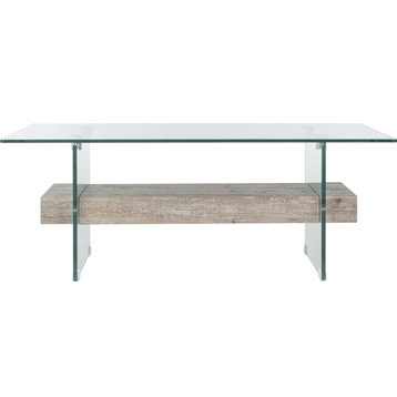 Kayley Coffee Table, Glass, Gray Oak Wood Shelf