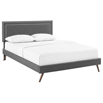 Virginia Queen Upholstered Fabric Platform Bed With Round Splayed Legs, Gray