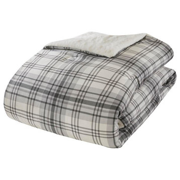 Faux Wool to Faux Fur Down Alternative Comforter Set, Full/Queen, Gray Plaid