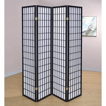 Catania Modern Wood Four Panels Screen Room Divider with Linear Grid in Black