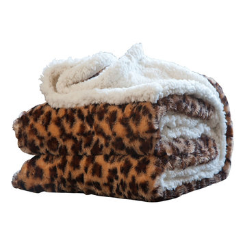 Animal Print Fleece Sherpa Blanket Throw, Leopard