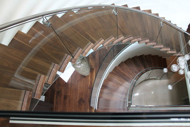 Wood Treads with Glass Panels and Stainless Steal Railing