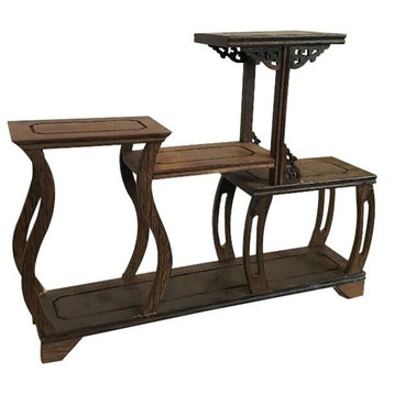 Asian Wooden Display Stand With Step Shelf For Miniatures