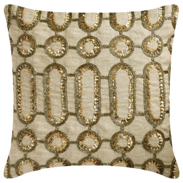 Beige and Gold Linen Beaded and Sequins 24"x24" Throw Pillow Cover, Golden Curl