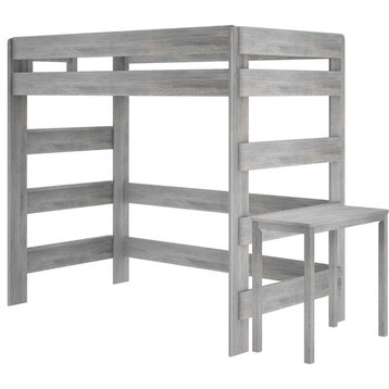 Farmhouse Twin High Loft Bed, Pinewood Frame With Integrated Desk, Driftwood