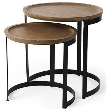 Aisley Medium Brown Solid Wood w/ Black Metal Base Round Nesting Side Tables