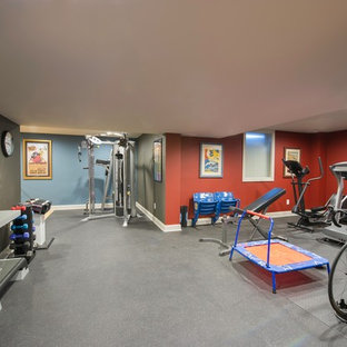 Design ideas for a contemporary look-out basement in Philadelphia with red walls and lino flooring.