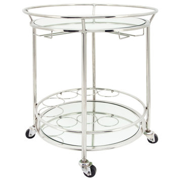 Two Tier 27" Round Rolling Bar Cart, Silver