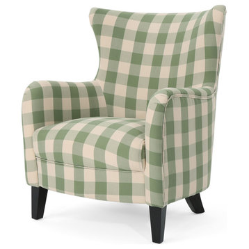 GDF Studio Venette Farmhouse Fabric Upholstered Club Chair, Green Checkerboard/Dark Brown