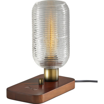 Isaac Adessocharge Table Lantern - Walnut Rubberwood, Antique Brass