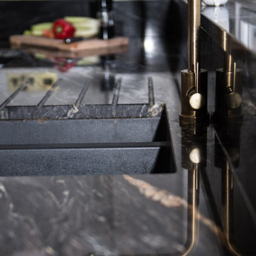 The Old English vintage tap in gold is the perfect match for the Sensa granite w