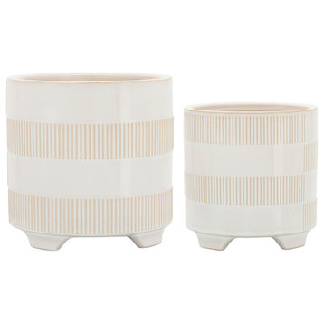 Ceramic 2-Piece Set, 6" and 8" Textured Footed Planters, Beige