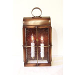 Hutton Metalcrafts, Inc. - Solid Copper Wall Lantern Sconce, "Skipper" Handmade in USA. - Beautiful copper lantern with two candelabra bulbs. Suggested 40 watts LED per socket maximum 60 watts per socket. Mount outdoor directly in the elements or indoor. This lantern is 14" tall to the top of the handle x 6 ¾" including the bars x 5" projection. Rustic lantern made from solid copper, will patina over time. Hand made in the USA.
