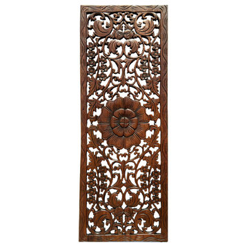 Large Floral Wood Carved Wall Panel Decoration. Asian Home Decor, Brown, Brown R