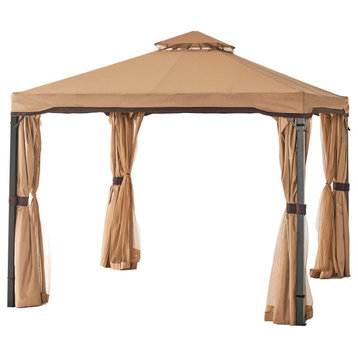 GDF Studio Sonoma Outdoor Gazebo Canopy With Net Drapery, Light Brown