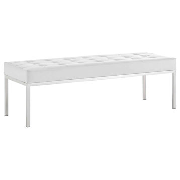 Loft Tufted Large Upholstered Faux Leather Bench, Silver White