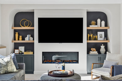 Mid-sized transitional carpeted and beige floor basement photo in Minneapolis with beige walls and a standard fireplace
