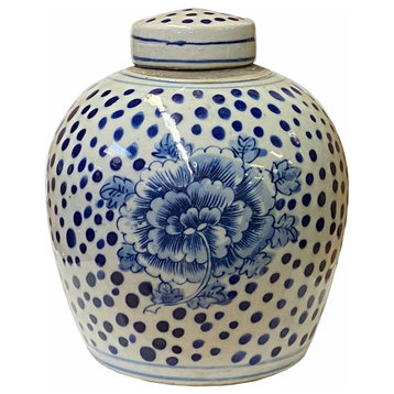 Chinese Oriental Small Blue White Flower Dots Porcelain Ginger Jar Hws1869