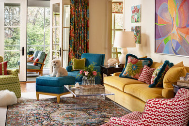 Inspiration for a timeless family room remodel in Charlotte with beige walls
