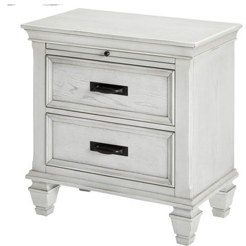 Transitional Nightstand, 2 Storage Drawers & Pull Out Tray, Antique White Finish