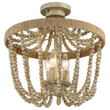 3-Light Ceiling Light, Natural Wood With Rope