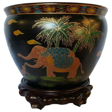Chinese Black Lacquer Planter Indian Elephant Design 14" W