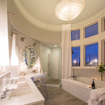 Glamorous White Glass Tile Master Bath