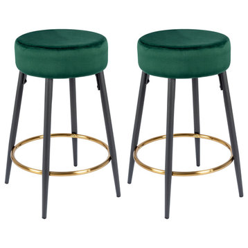 Minimalist Round Bar Stools, Dark Green Velvet - 2 Pcs, 24 Inch