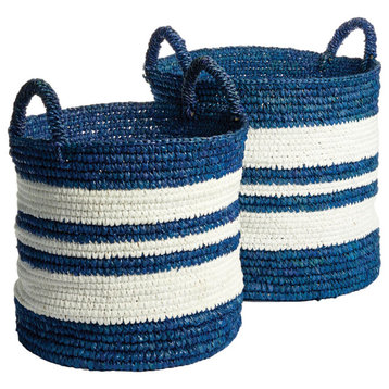 Set 2 Large Coastal Casual Blue White Stripe Tall Hamper Tote Baskets Handles